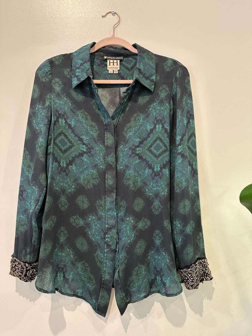 Haute Hippie Teal and Black Printed Silk Button-Down Blouse beaded Cuff wrists